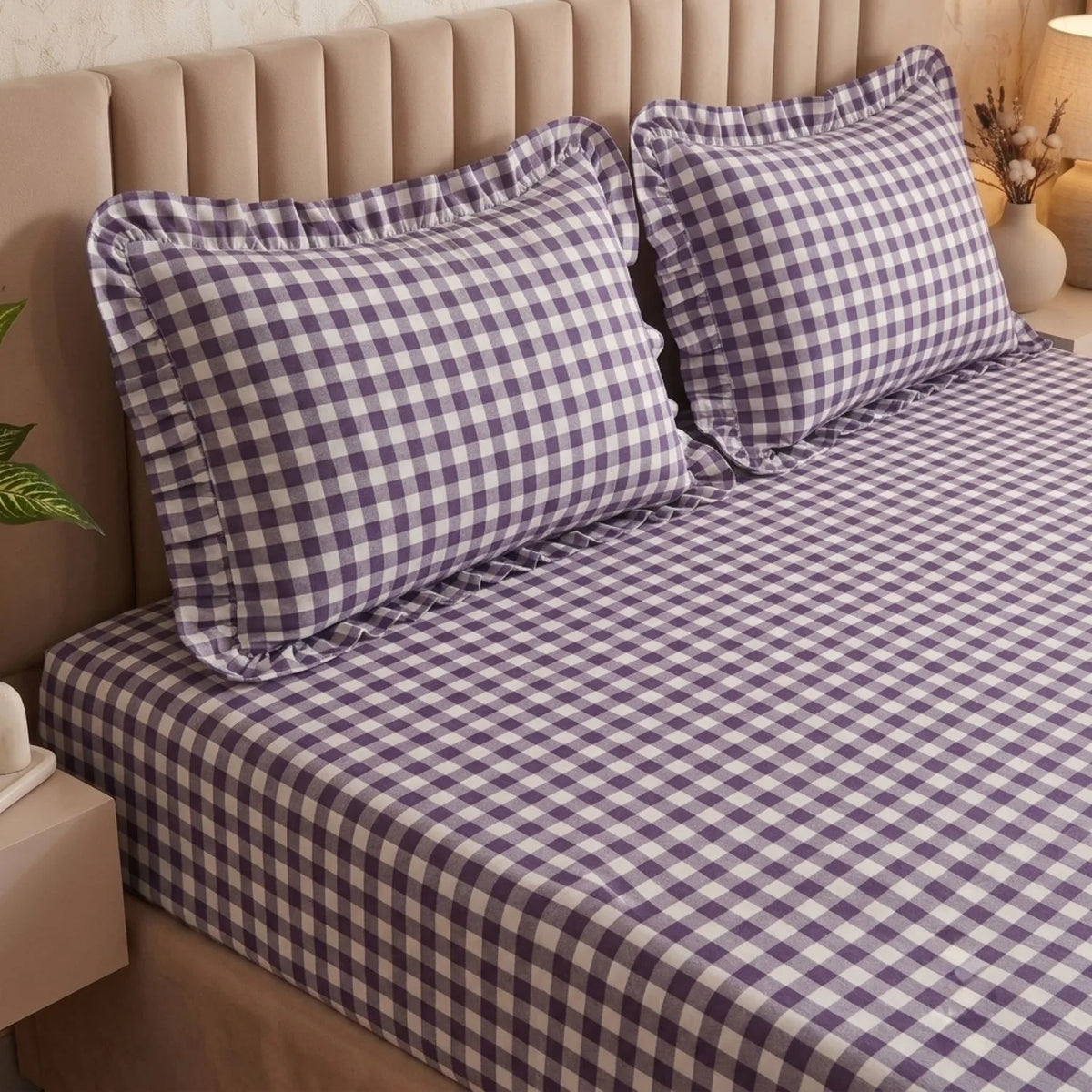 Dream Weaverz Home Polycotton (Fitted) 260TC DoubleSIZE BEDSHEET(Purple check)