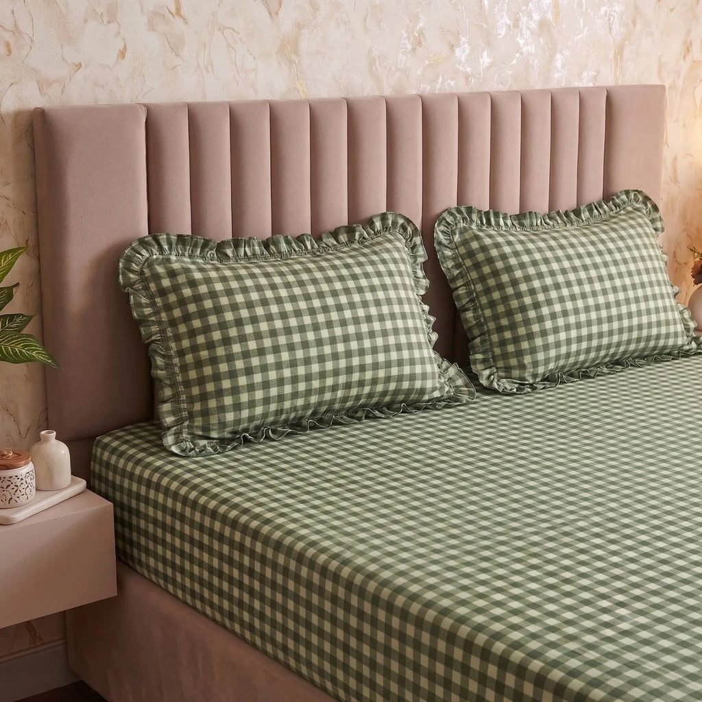 Dream Weaverz Home Polycotton (Fitted) 260TC DoubleSIZE BEDSHEET(Green-Check)