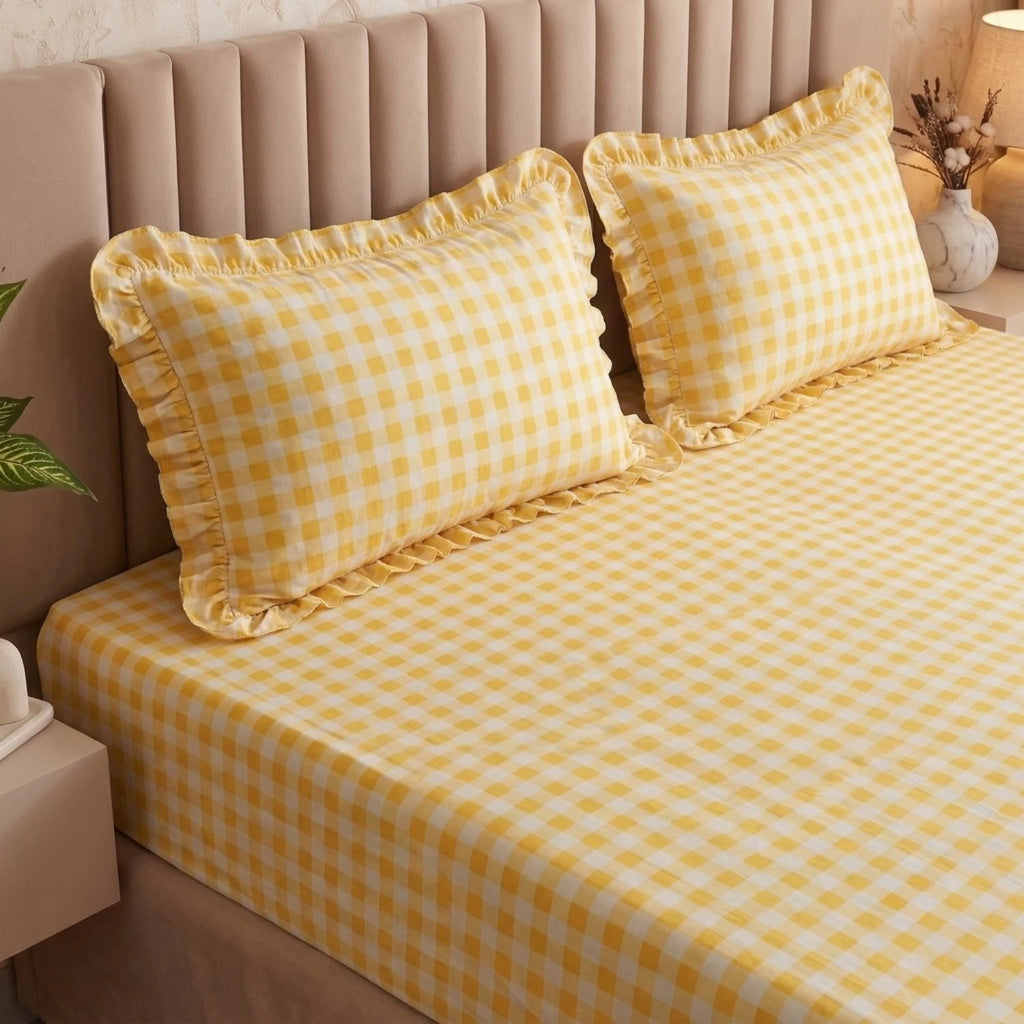 Dream Weaverz Home Polycotton (Fitted) 260TC DoubleSIZE BEDSHEET(Yellow Check)
