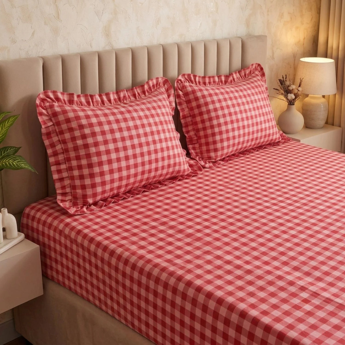 Dream Weaverz Home Polycotton (Fitted) 260TC DoubleSIZE BEDSHEET(Red Check)