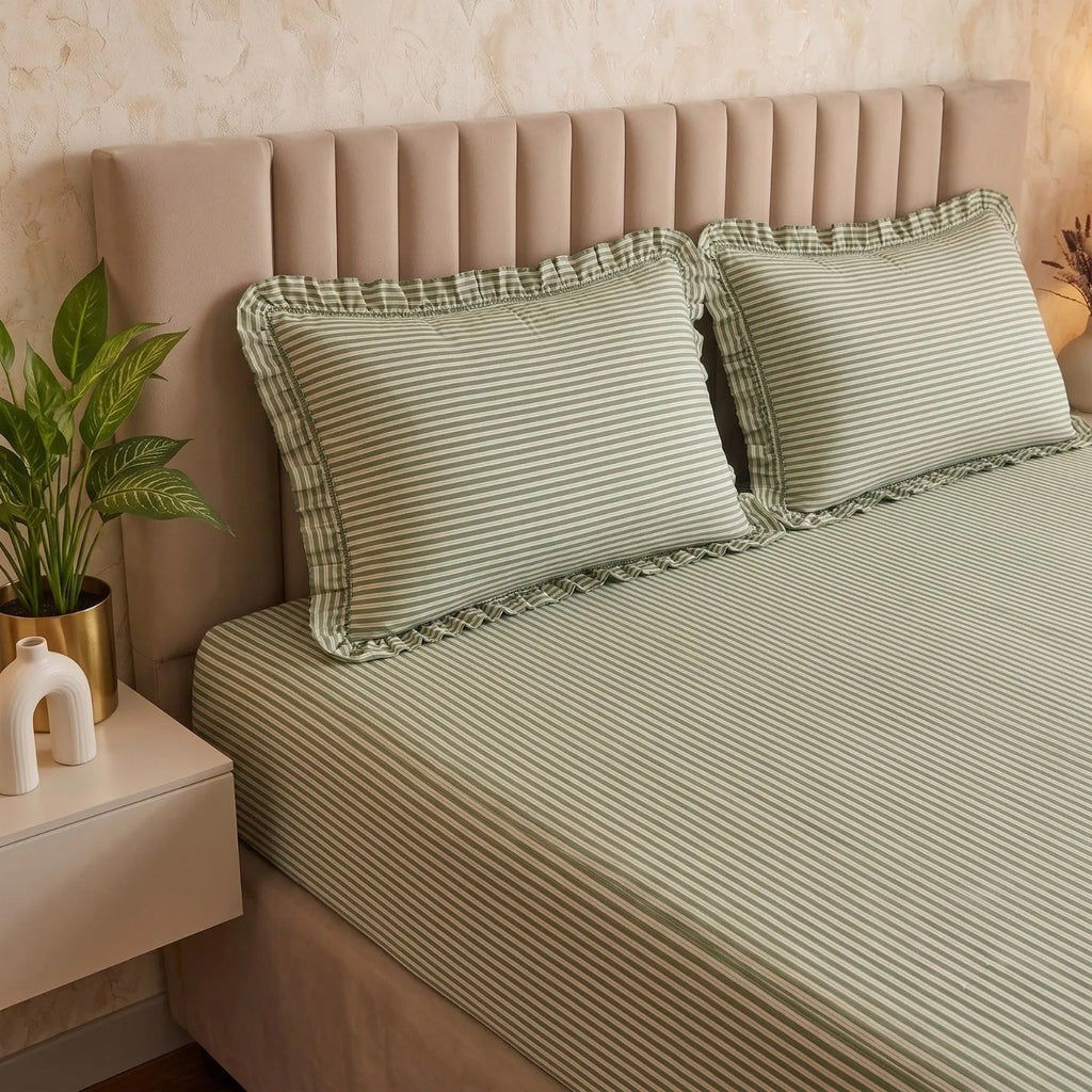 Dream Weaverz Home Polycotton (Fitted) 260TC DoubleSIZE BEDSHEET(Green Stripes)