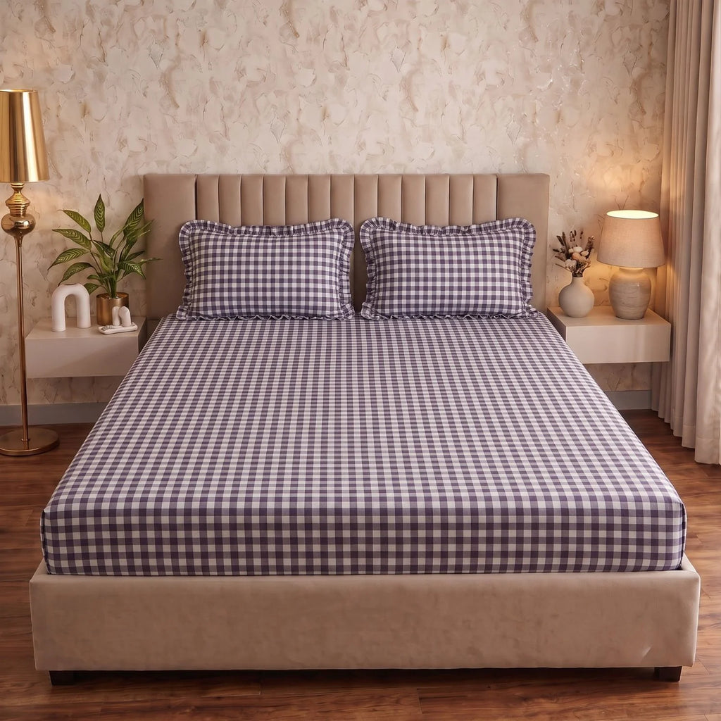 Dream Weaverz Home Polycotton (Fitted) 260TC DoubleSIZE BEDSHEET(Purple check)