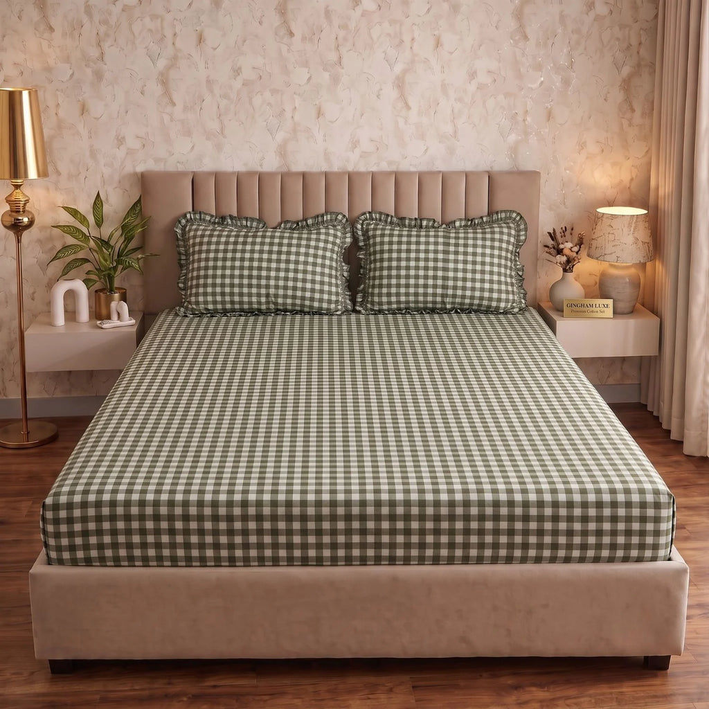 Dream Weaverz Home Polycotton (Fitted) 260TC DoubleSIZE BEDSHEET(Green-Check)