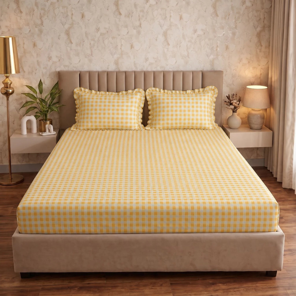 Dream Weaverz Home Polycotton (Fitted) 260TC DoubleSIZE BEDSHEET(Yellow Check)