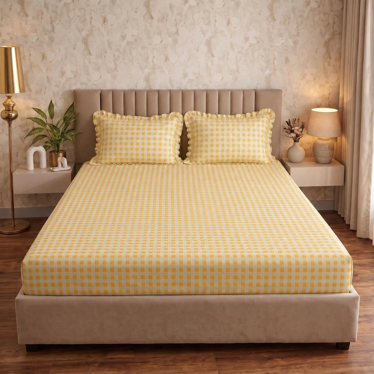 Dream Weaverz Home Polycotton (Fitted) 260TC DoubleSIZE BEDSHEET(Yellow Check)