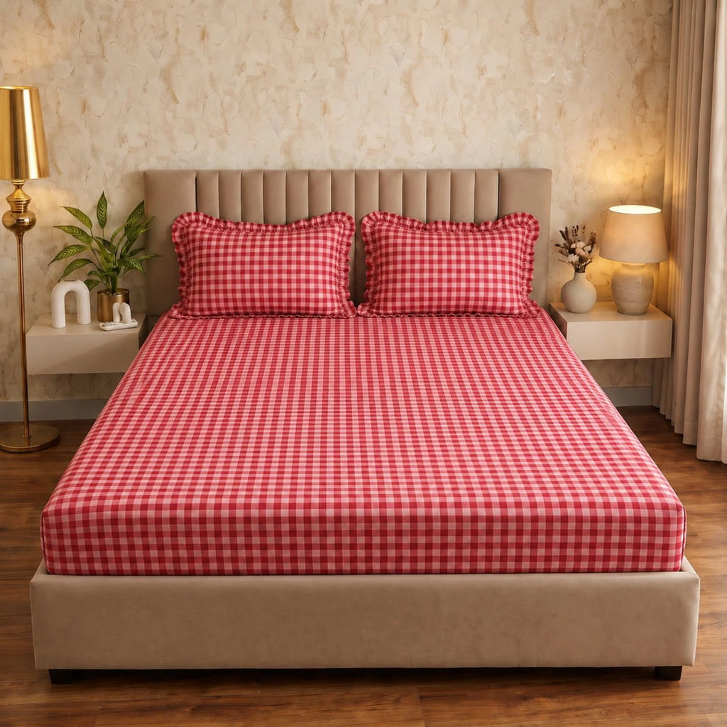 Dream Weaverz Home Polycotton (Fitted) 260TC DoubleSIZE BEDSHEET(Red Check)