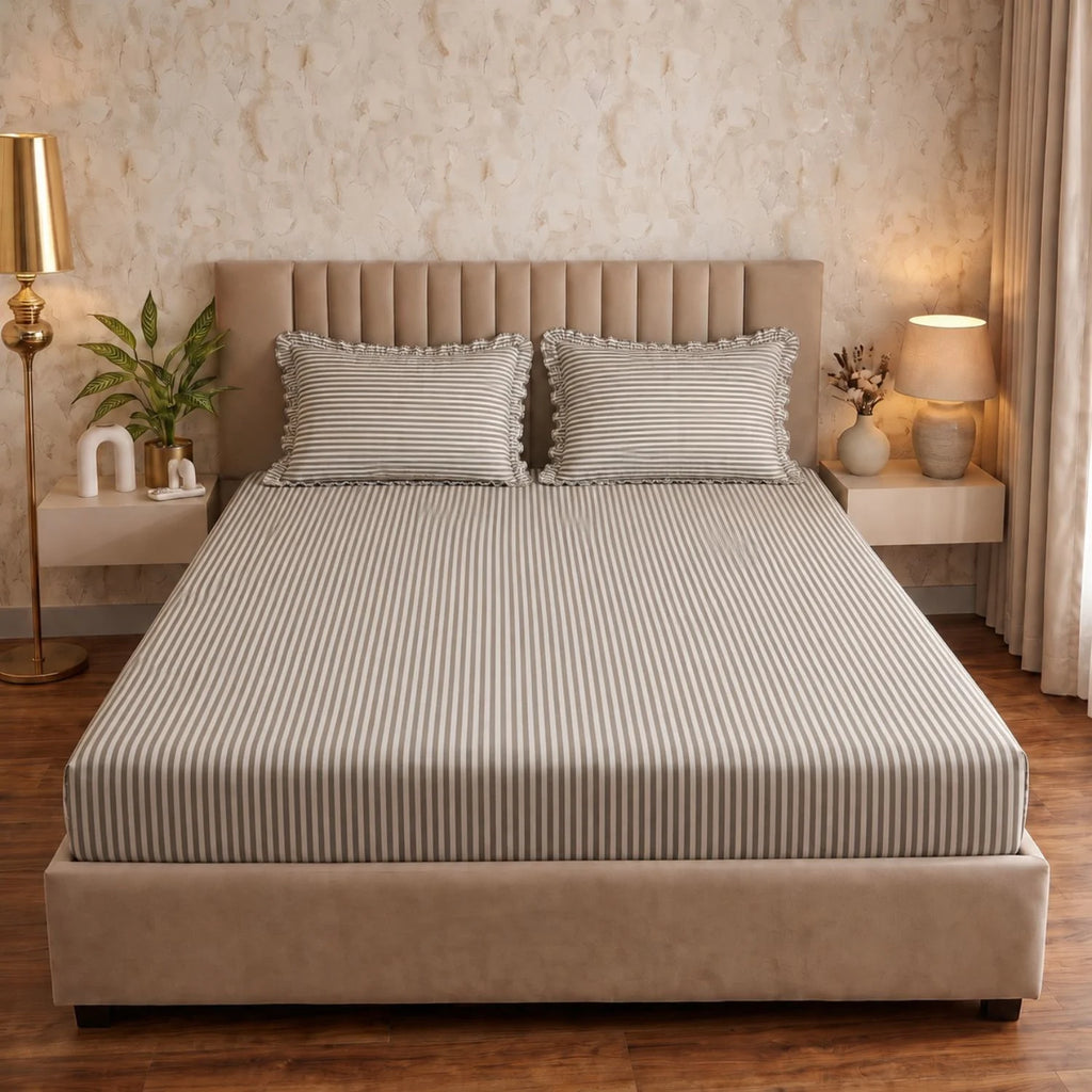 Dream Weaverz Home Polycotton (Fitted) 260TC DoubleSIZE BEDSHEET(Grey Stripes)