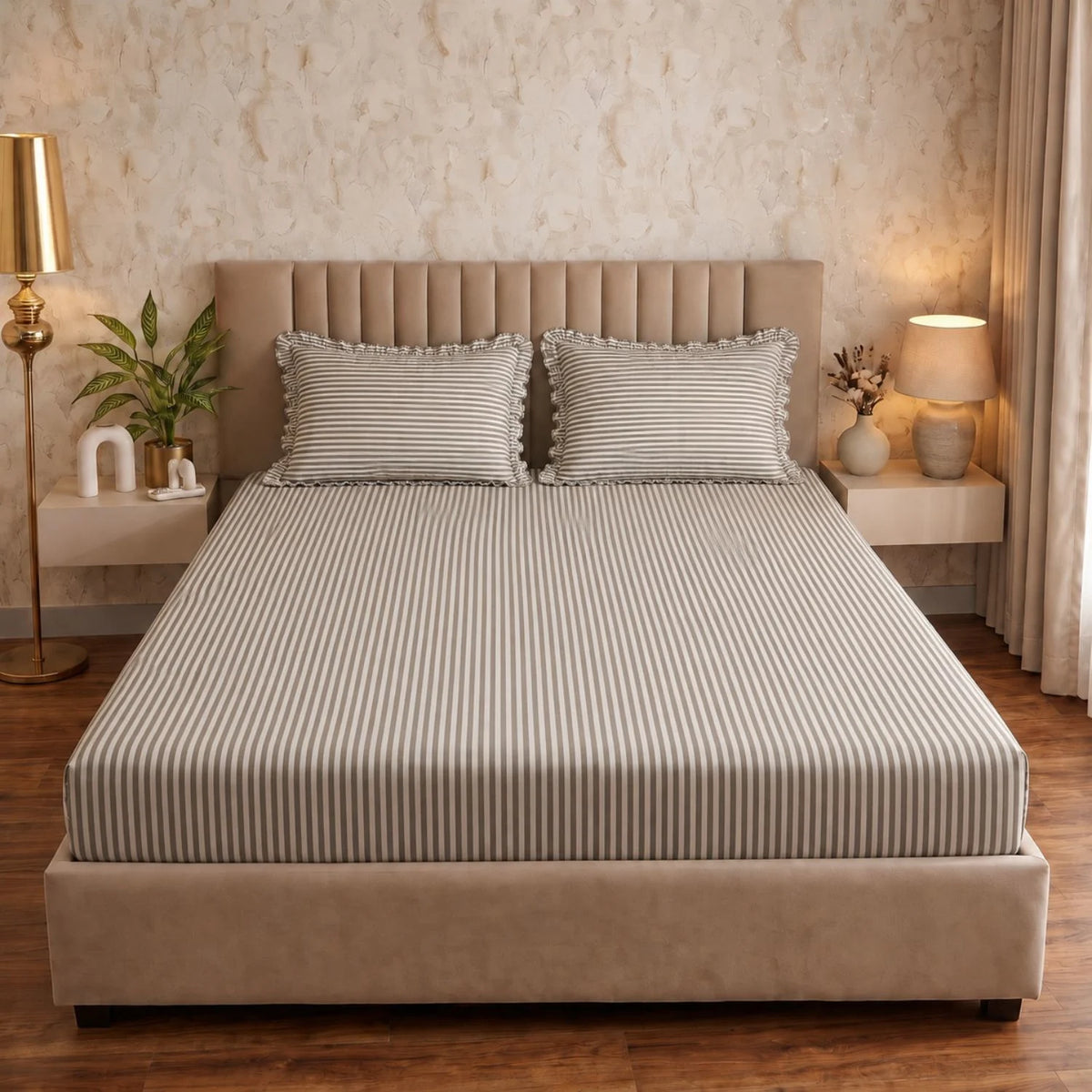 Dream Weaverz Home Polycotton (Fitted) 260TC DoubleSIZE BEDSHEET(Grey Stripes)