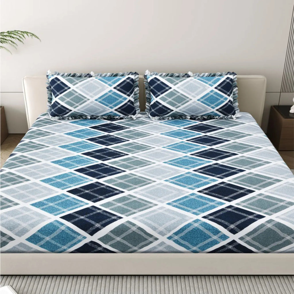 Dream Weaverz Polycotton King Fitted (Elastic) 260 TC Abstract 1 Bedsheet with 2 Pillow Covers (Grey-Green)