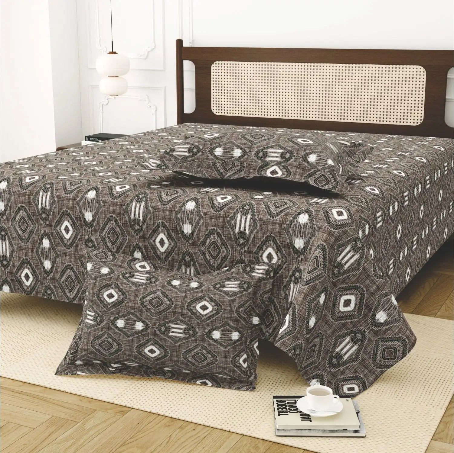 Dream Weaverz Cotton King Flat 220 TC Abstract 1 Bedsheet with 2 Pillow Covers (Grey-brown)
