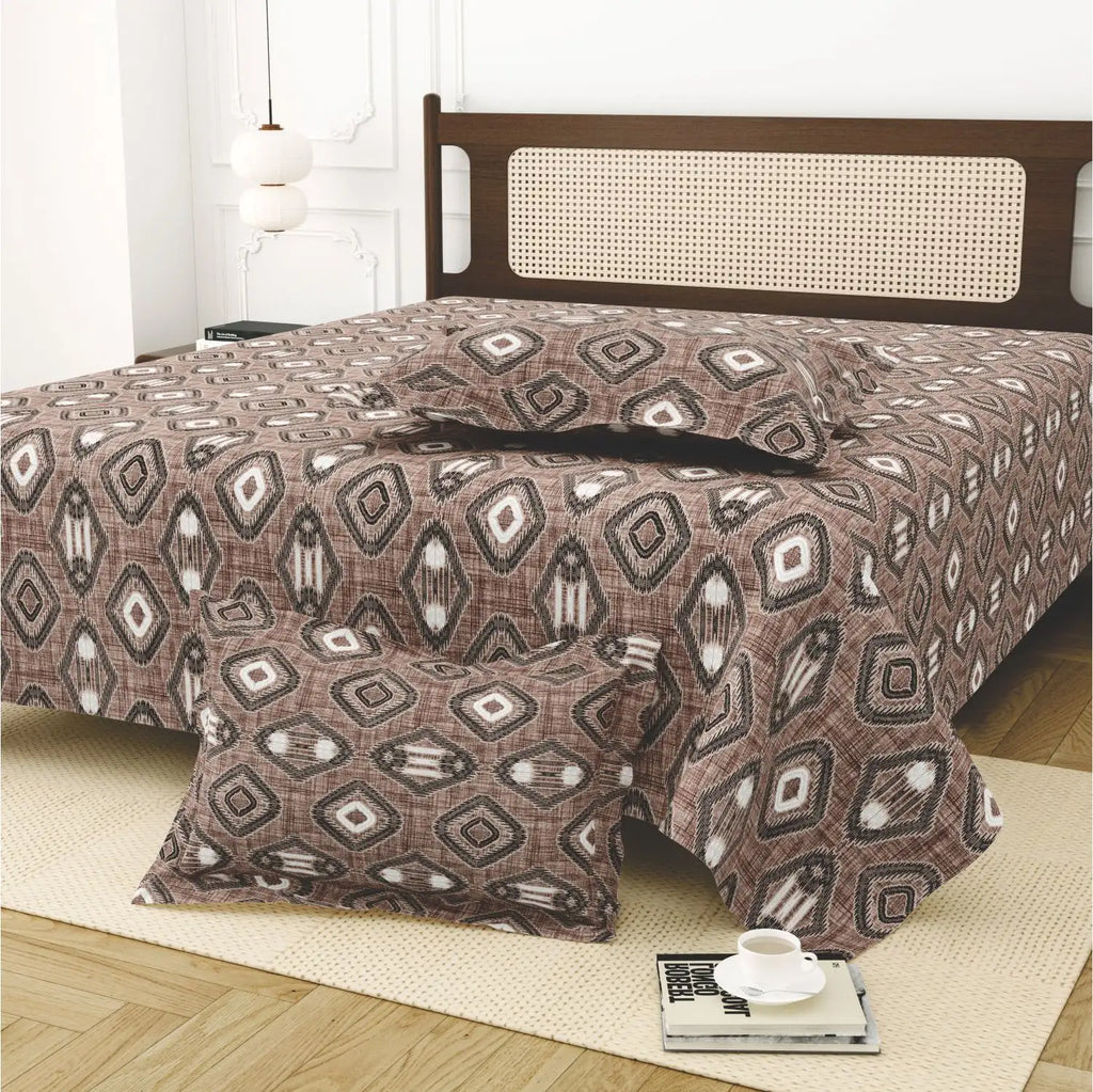 Dream Weaverz Cotton King Flat 220 TC Abstract 1 Bedsheet with 2 Pillow Covers (Brown-white)