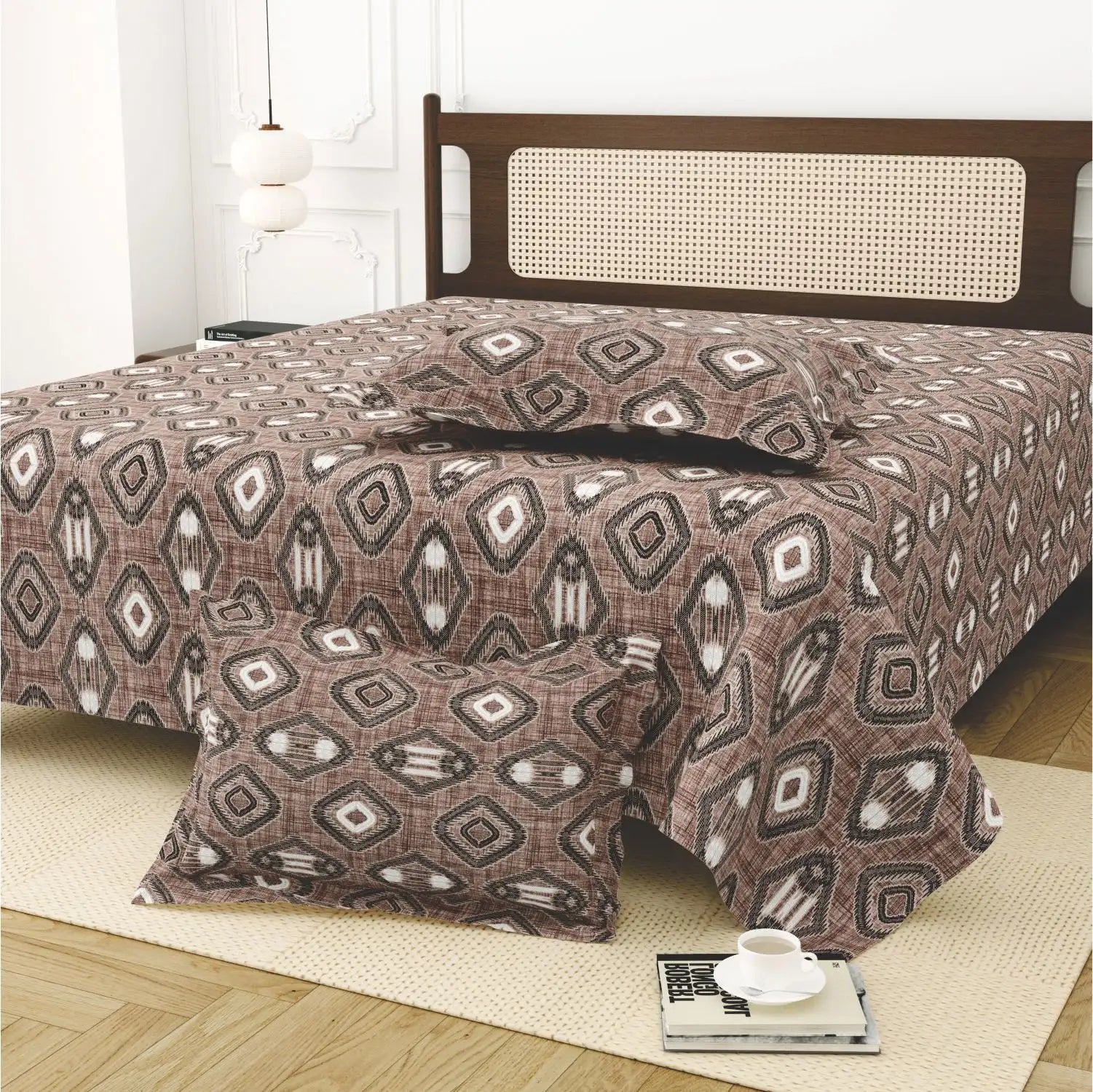 Dream Weaverz Cotton King Flat 220 TC Abstract 1 Bedsheet with 2 Pillow Covers (Brown-white)