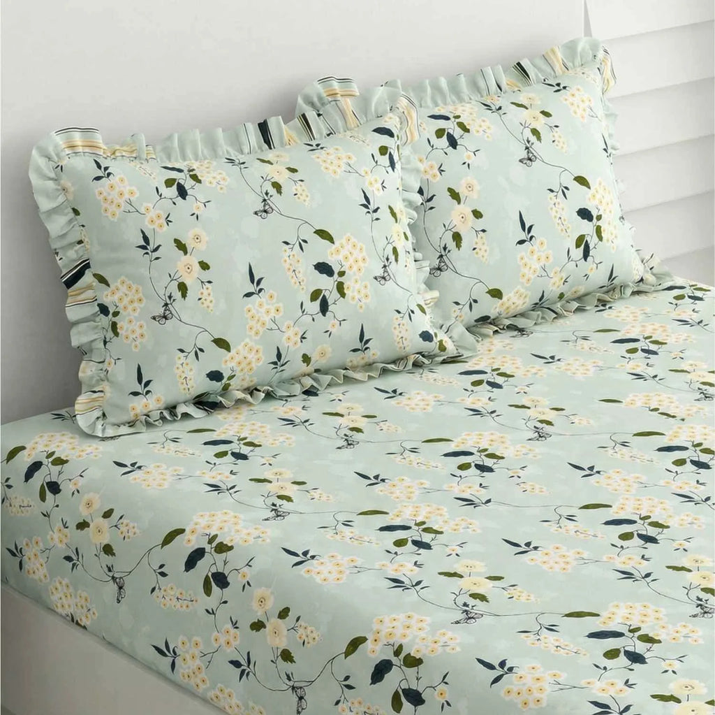 Dream Weaverz Home Polycotton Double Fitted (Elastic) 260 TC Floral 1 Bedsheet with 2 Pillow Covers (Green)