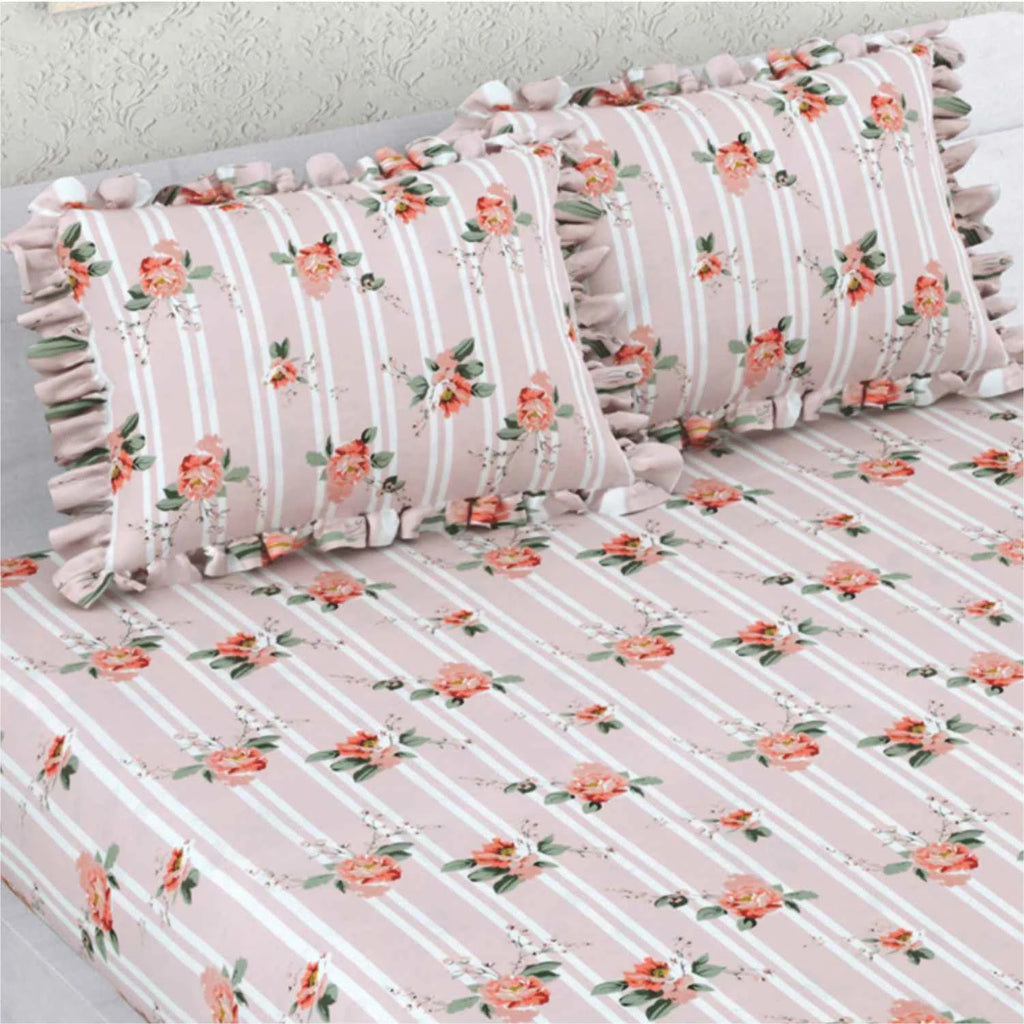Dream Weaverz Home Polycotton Double Fitted (Elastic) 260 TC Floral 1 Bedsheet with 2 Pillow Covers (Pink)
