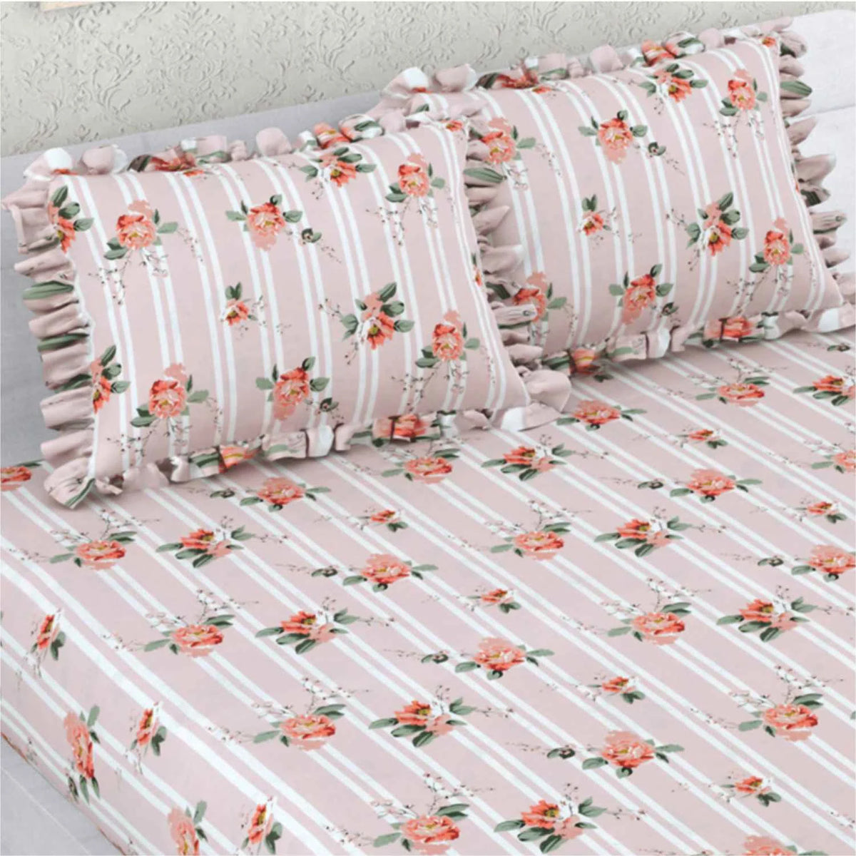 Dream Weaverz Home Polycotton Double Fitted (Elastic) 260 TC Floral 1 Bedsheet with 2 Pillow Covers (Pink)