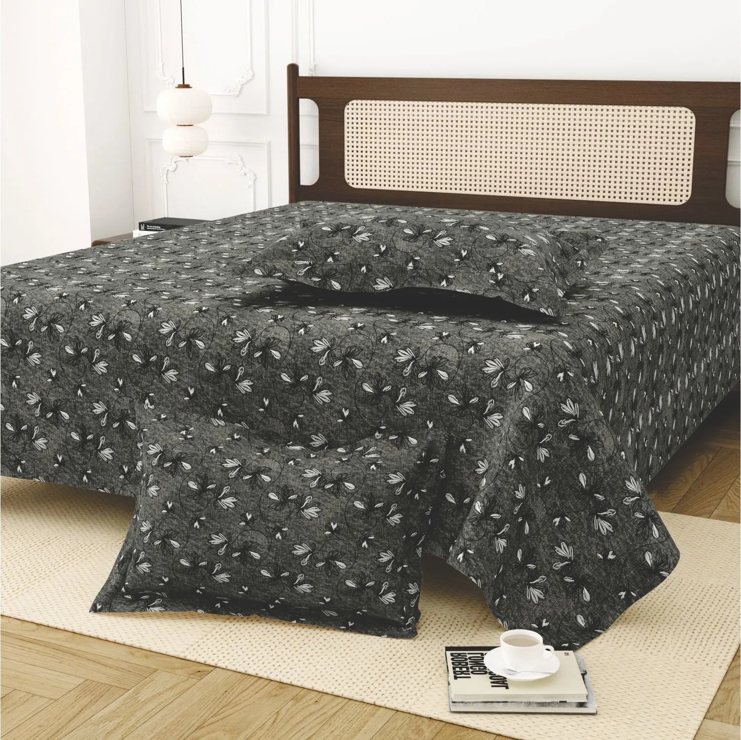 Dream Weaverz Cotton King Flat 220 TC Abstract 1 Bedsheet with 2 Pillow Covers (Charcoal grey)