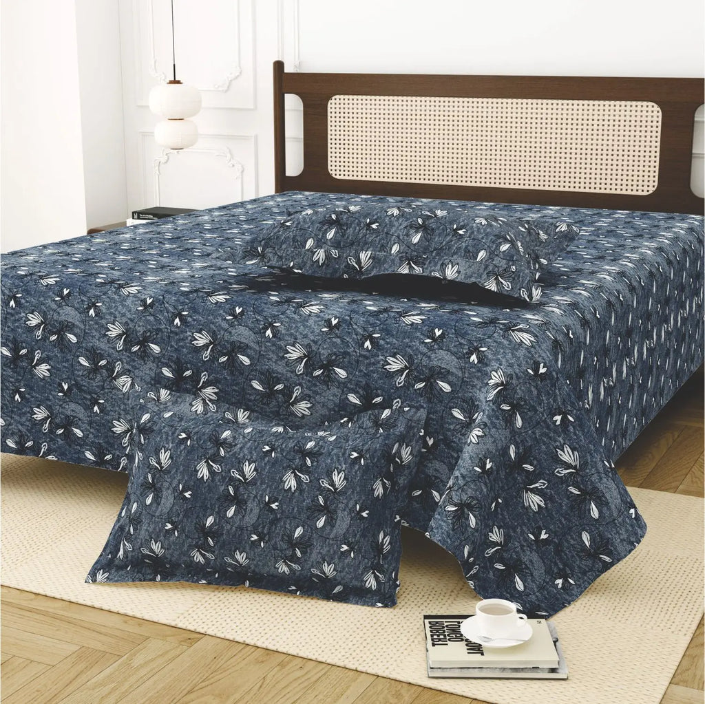 Dream Weaverz Cotton King Flat 220 TC Abstract 1 Bedsheet with 2 Pillow Covers (Deep blue)