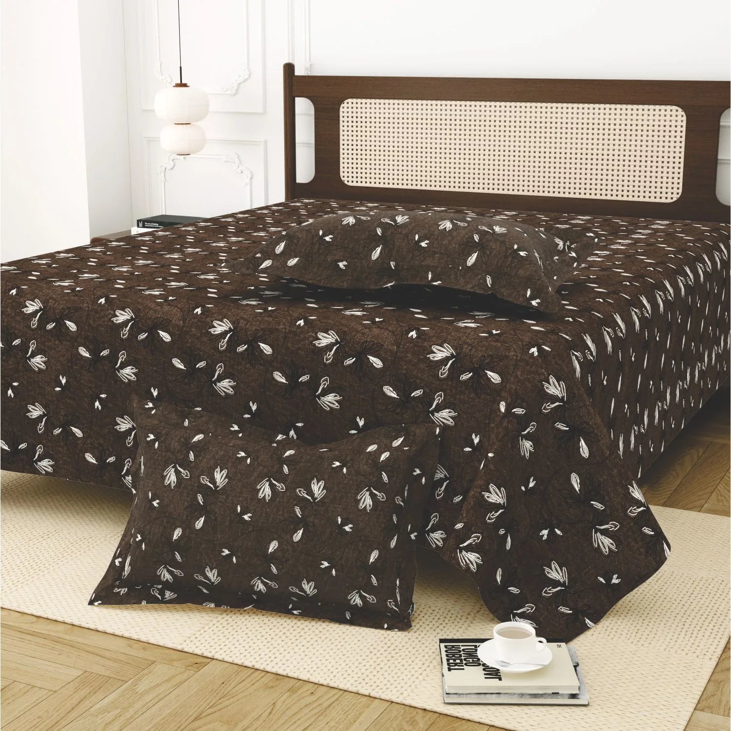 Dream Weaverz Cotton King Flat 220 TC Abstract 1 Bedsheet with 2 Pillow Covers (Chocolate brown)