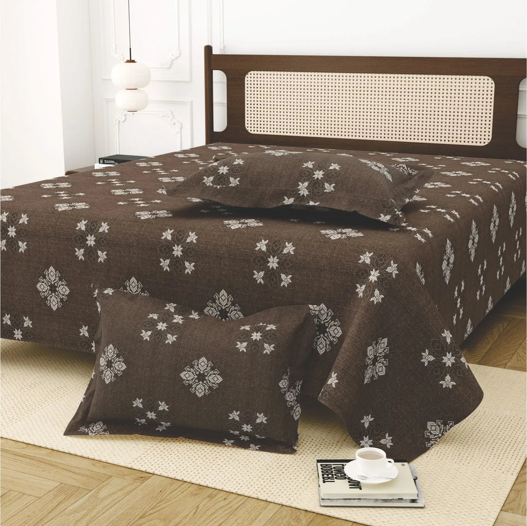 Dream Weaverz Cotton King Flat 220 TC Abstract 1 Bedsheet with 2 Pillow Covers (Dark brown)
