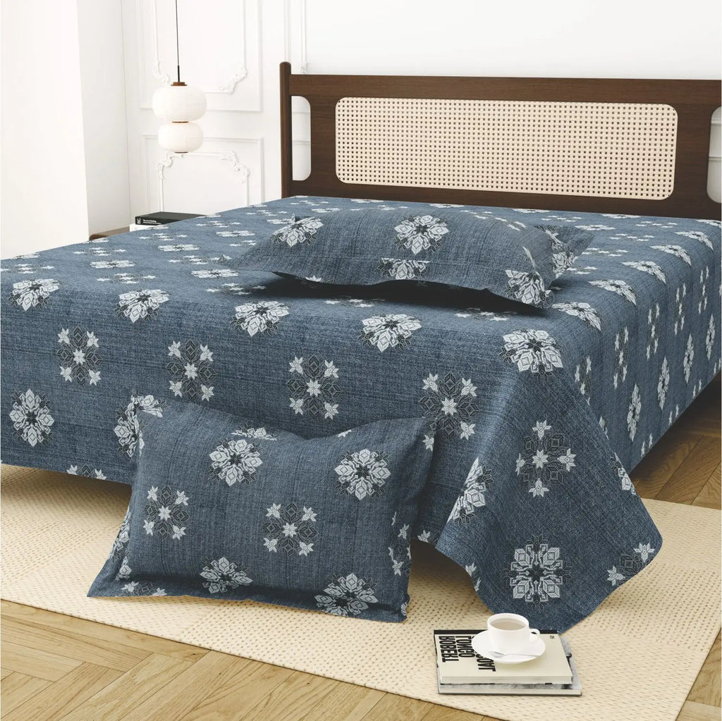 Dream Weaverz Cotton King Flat 220 TC Abstract 1 Bedsheet with 2 Pillow Covers (Slate blue)
