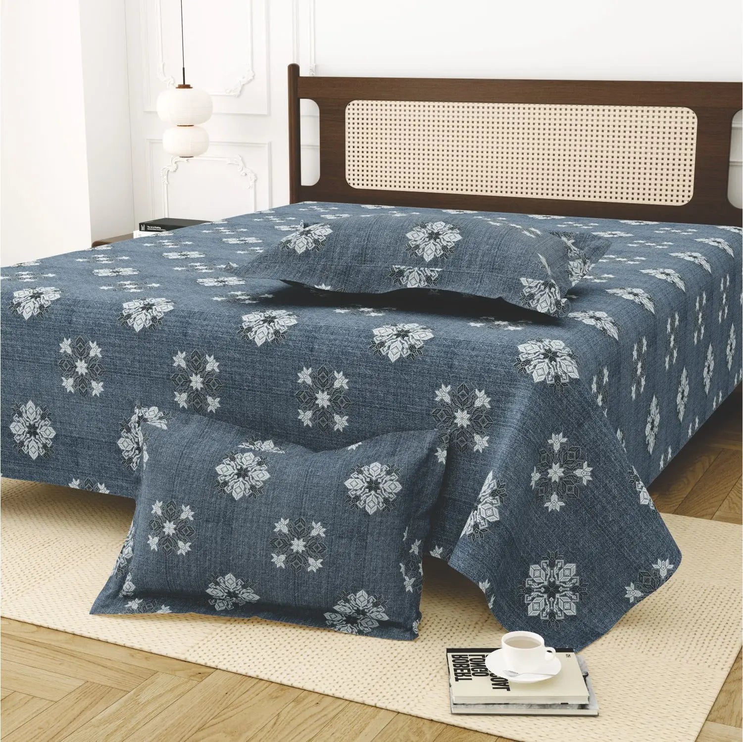Dream Weaverz Cotton King Flat 220 TC Abstract 1 Bedsheet with 2 Pillow Covers (Slate blue)