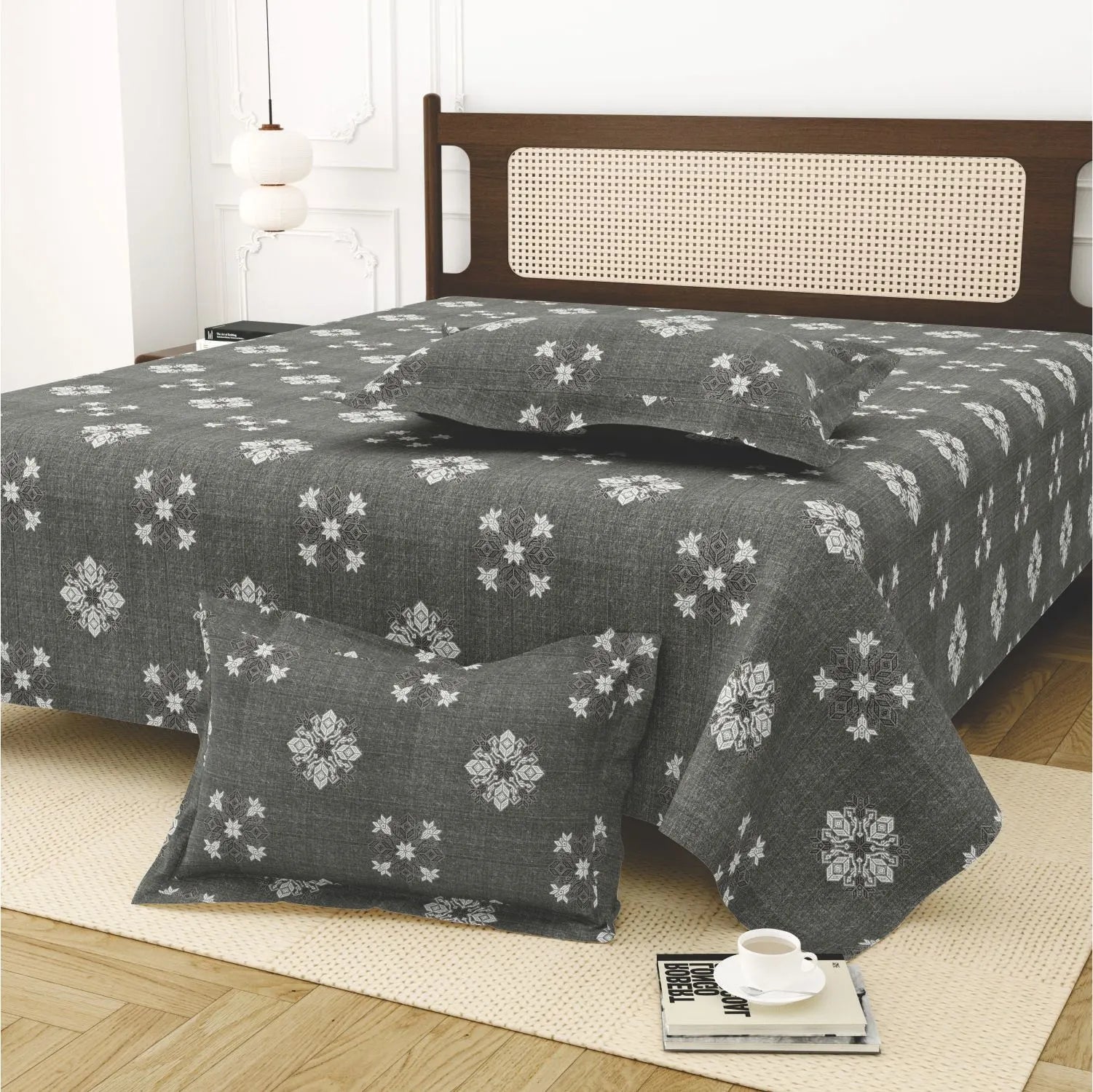 Dream Weaverz Cotton King Flat 220 TC Abstract 1 Bedsheet with 2 Pillow Covers (Slate grey)