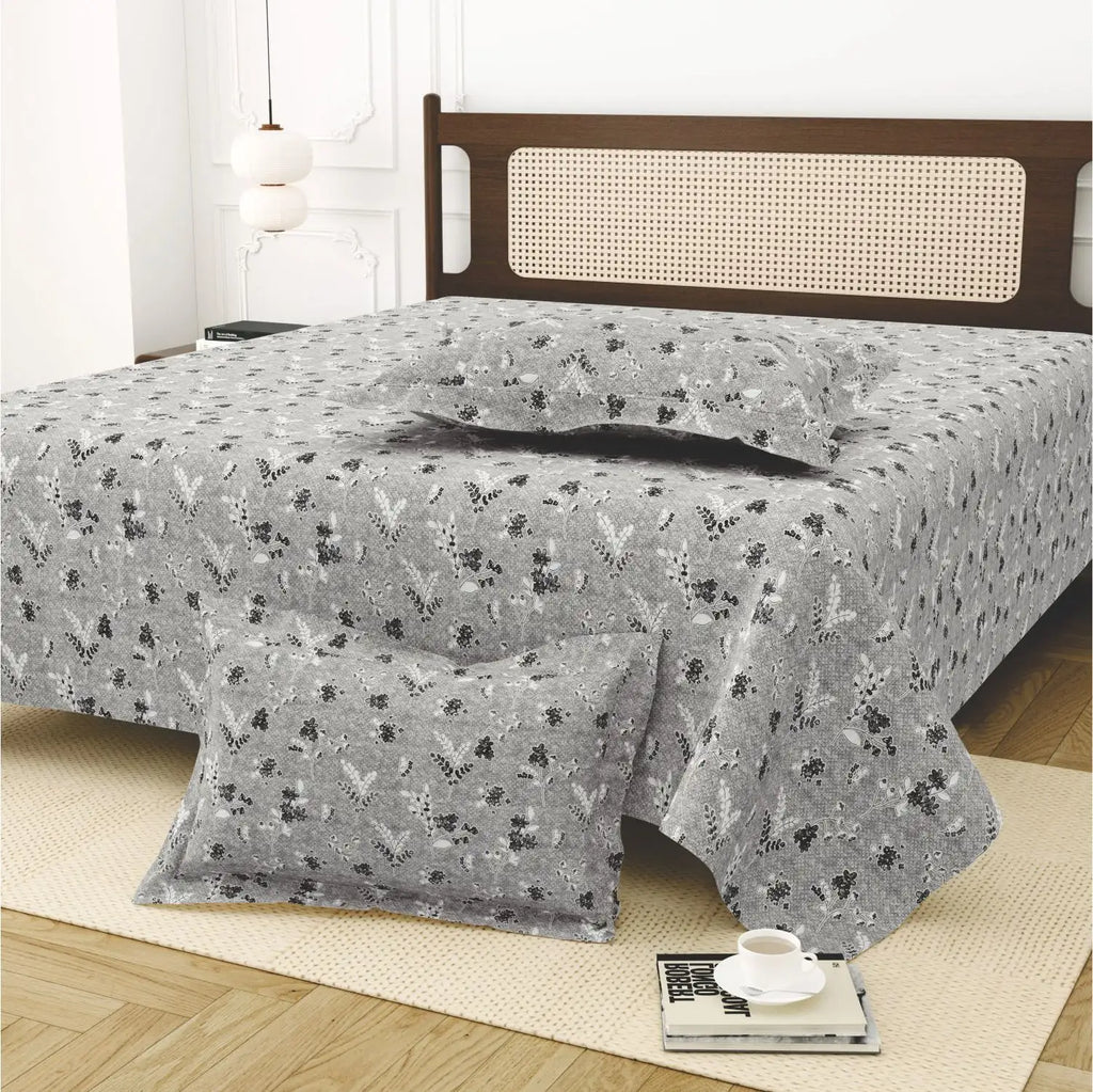 Dream Weaverz Cotton King Flat 220 TC Abstract 1 Bedsheet with 2 Pillow Covers (Dove Grey)