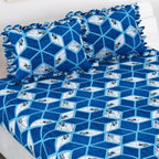 Dream Weaverz Home Polycotton King Fitted (Elastic) 260 TC Abstract 1 Bedsheet with 2 Pillow Covers (Blue-White)