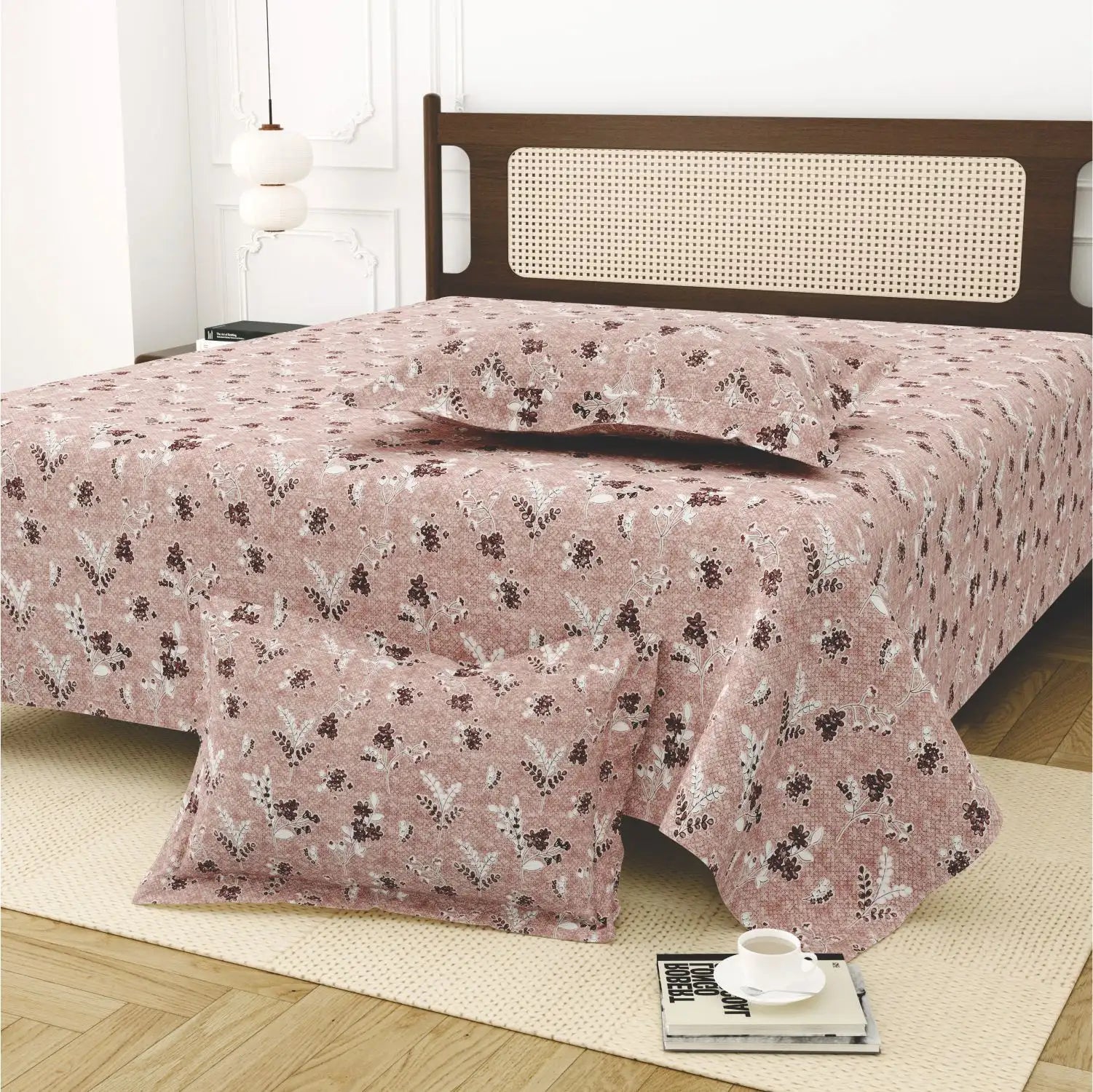 Dream Weaverz Cotton King Flat 220 TC Abstract 1 Bedsheet with 2 Pillow Covers (Dusty rose)