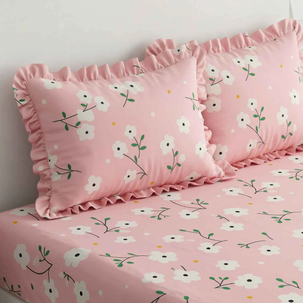 Dream Weaverz Home Polycotton King Fitted (Elastic) 260 TC Floral 1 Bedsheet with 2 Pillow Covers (Baby Pink)