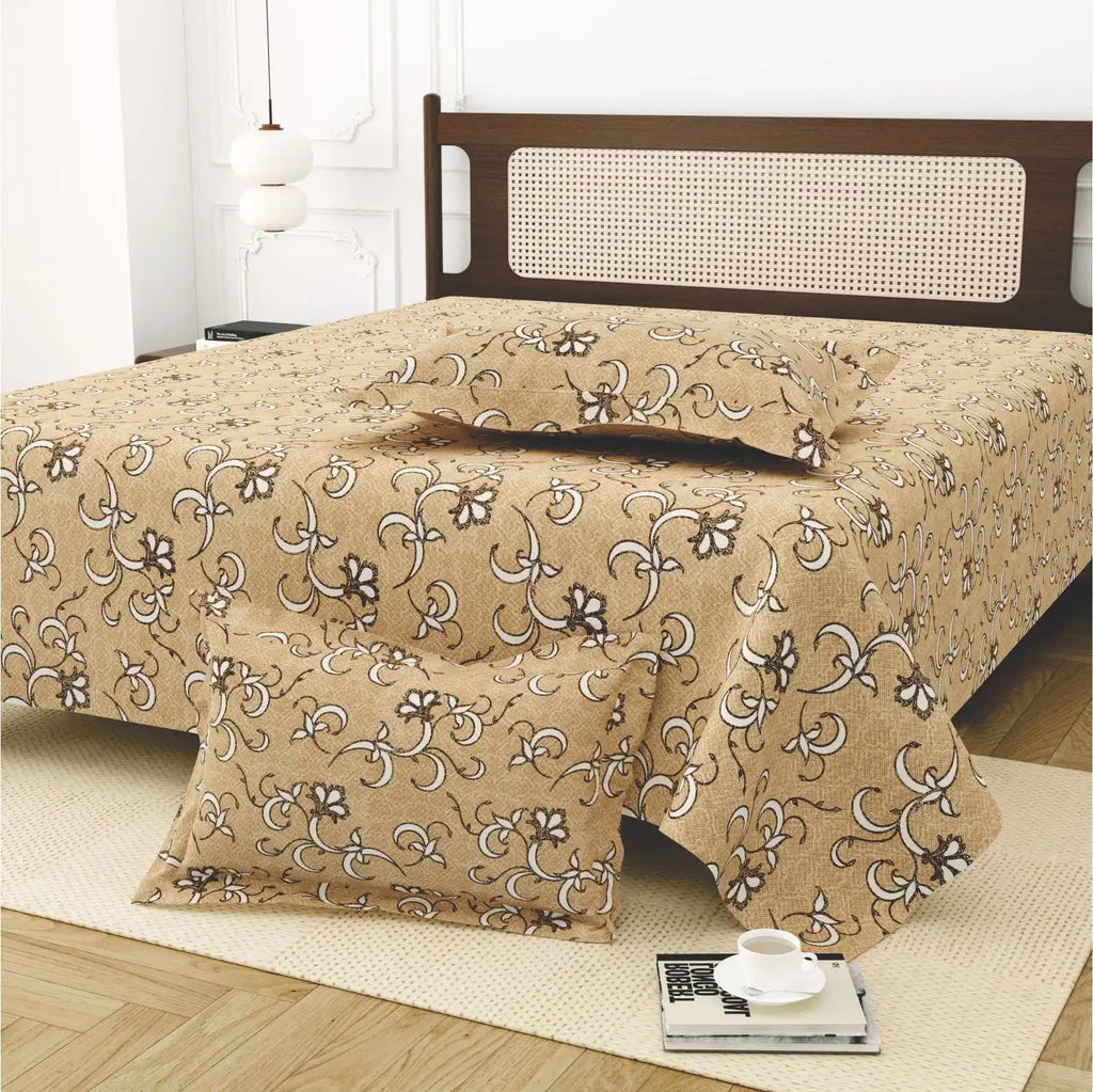 Dream Weaverz Cotton King Flat 220 TC Abstract 1 Bedsheet with 2 Pillow Covers (Beige -white)
