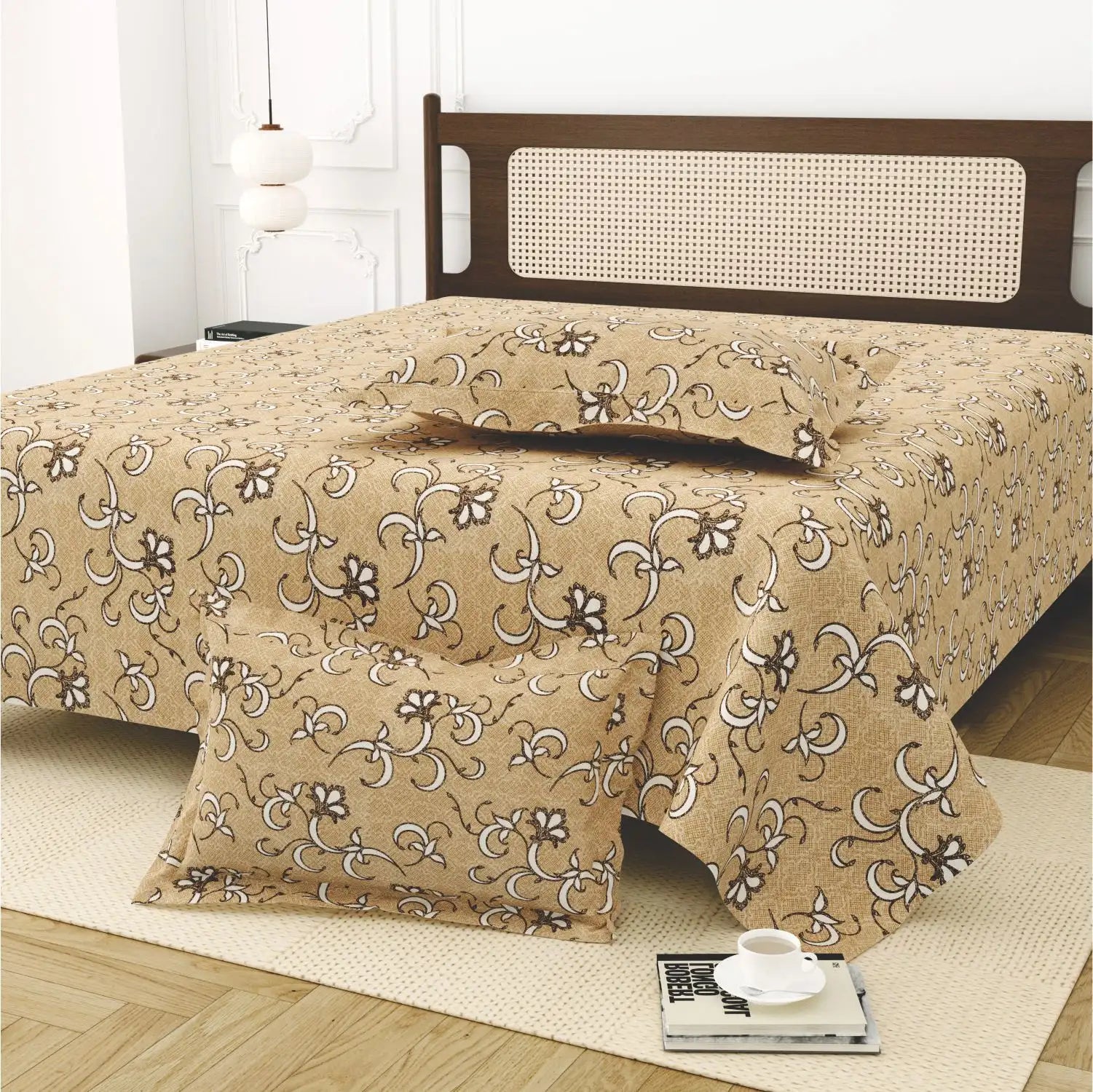 Dream Weaverz Cotton King Flat 220 TC Abstract 1 Bedsheet with 2 Pillow Covers (Beige -white)