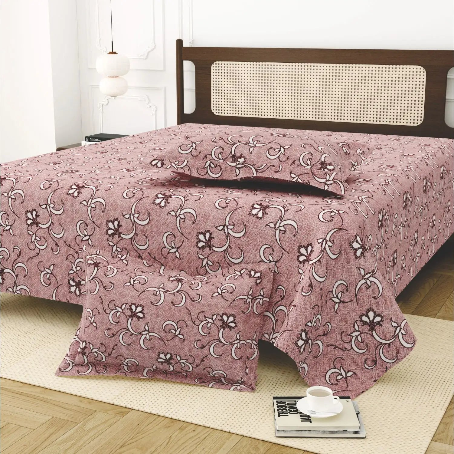 Dream Weaverz Cotton King Flat 220 TC Abstract 1 Bedsheet with 2 Pillow Covers (Mauve)