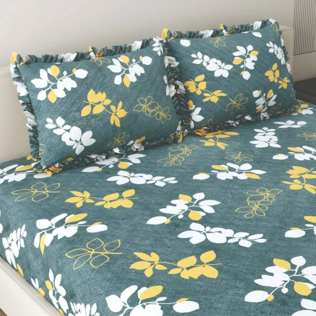 Dream Weaverz Home Polycotton King Fitted (Elastic) 260 TC Floral 1 Bedsheet with 2 Pillow Covers (Dark Green-White)