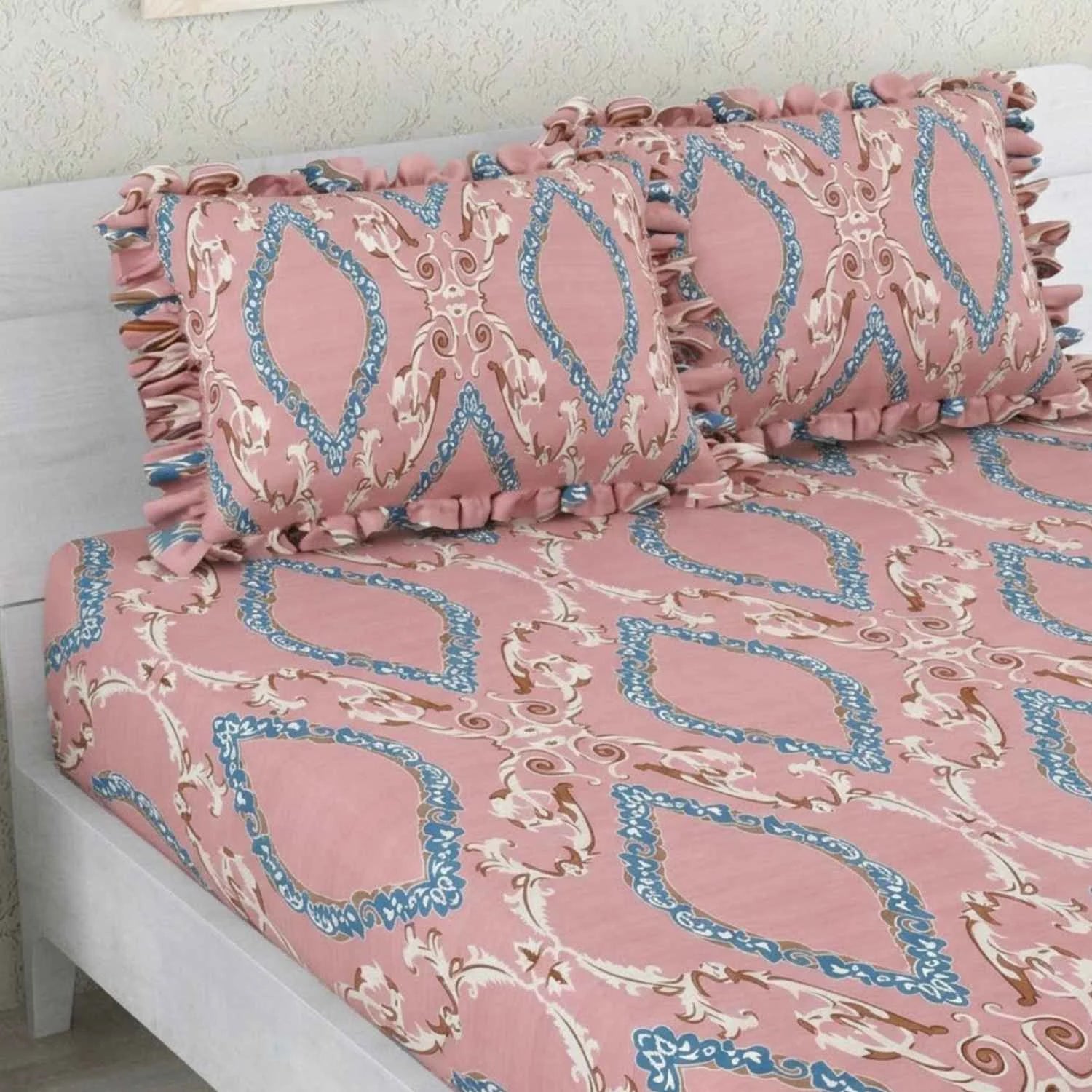 Dream Weaverz Polycotton Double Fitted (Elastic) 260 TC Abstract 1 Bedsheet with 2 Pillow Covers (Maroon)