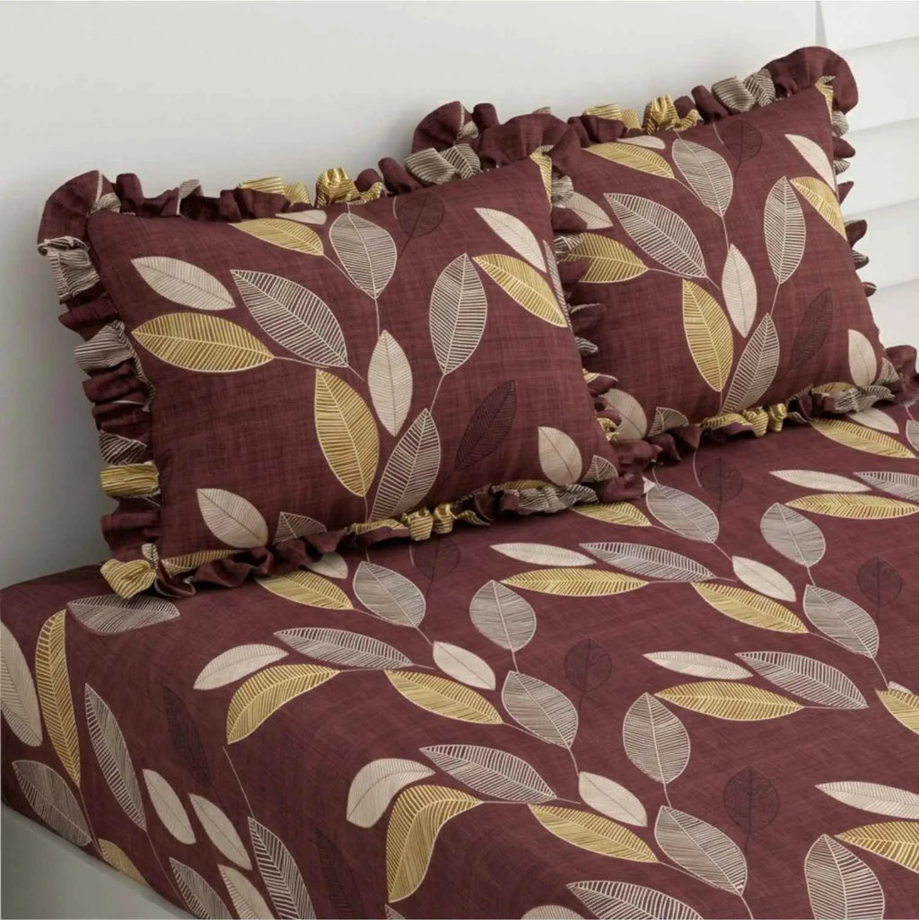 Dream Weaverz Polycotton Double Fitted (Elastic) 260 TC Abstract 1 Bedsheet with 2 Pillow Covers (Brown)