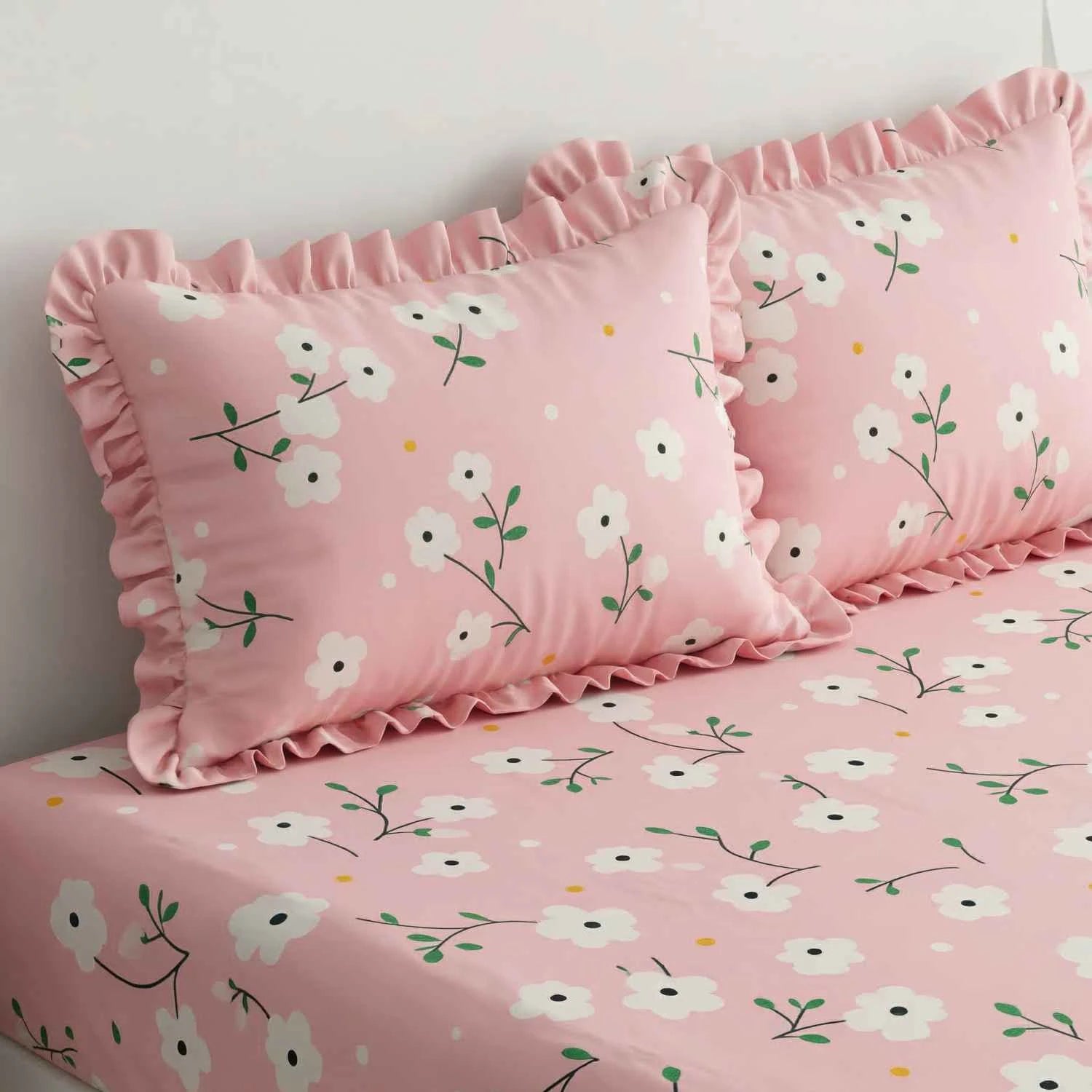 Dream Weaverz Polycotton King Fitted (Elastic) 260 TC Floral 1 Bedsheet with 2 Pillow Covers (Baby Pink)