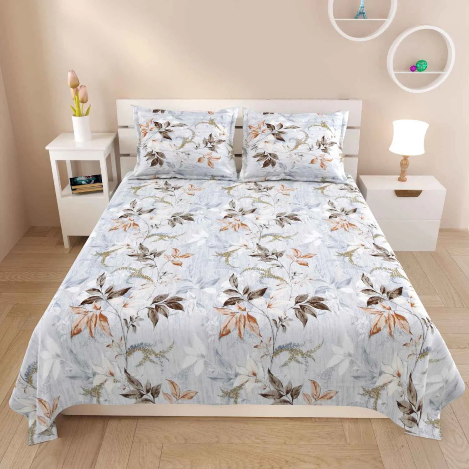 Dream Weaverz Cotton Super King Flat 220 TC Abstract 1 Bedsheet with 2 Pillow Covers (Light Grey)