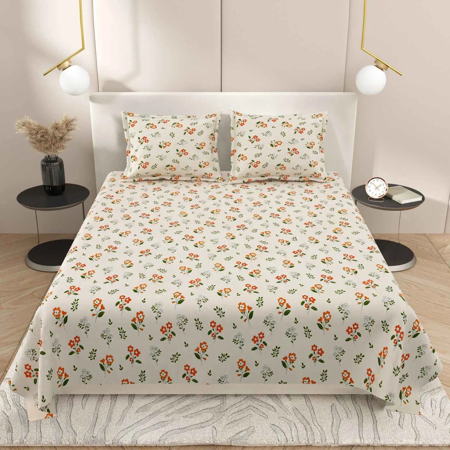 Dream Weaverz Cotton Super King Flat 220 TC Floral 1 Bedsheet with 2 Pillow Covers (Off White)