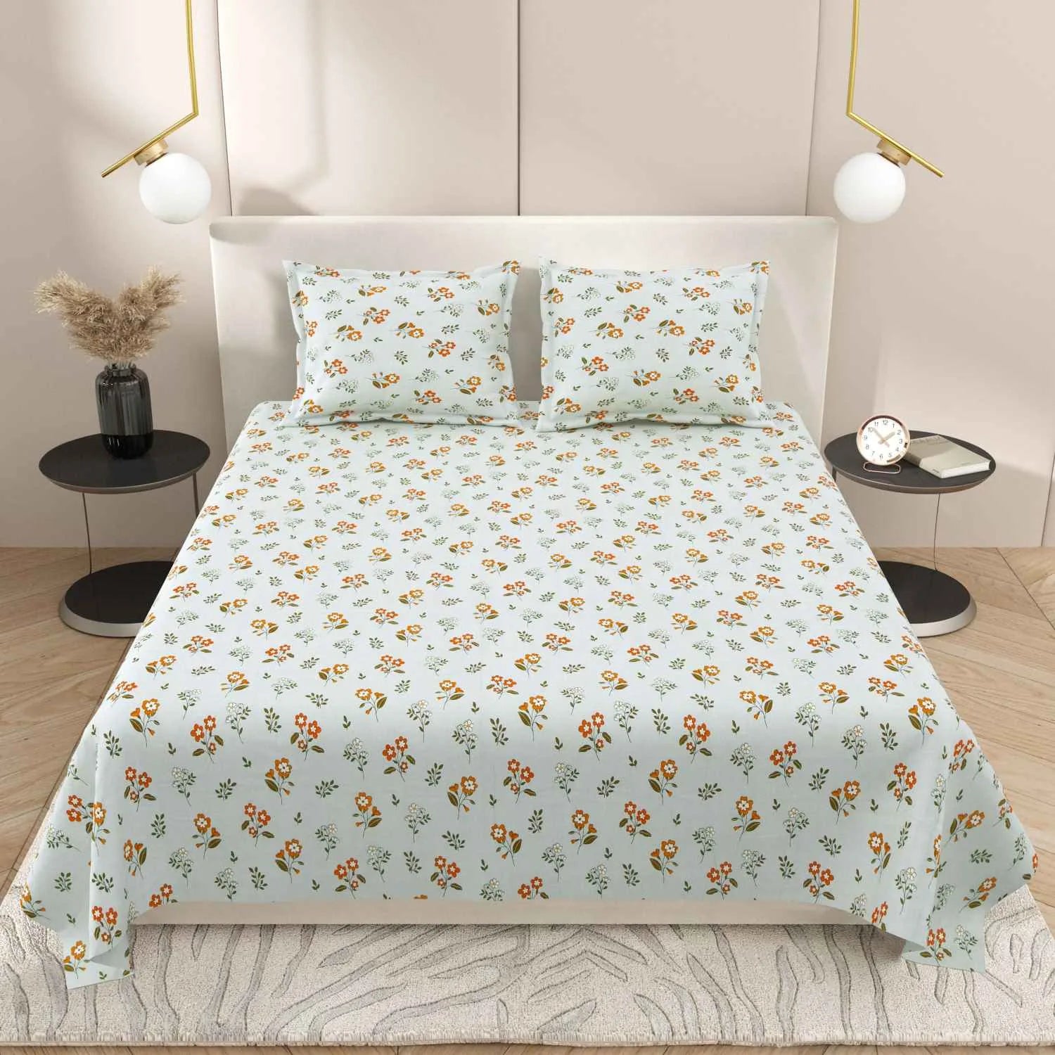 Dream Weaverz Cotton Super King Flat 220 TC Floral 1 Bedsheet with 2 Pillow Covers (Sky Blue-Orange)