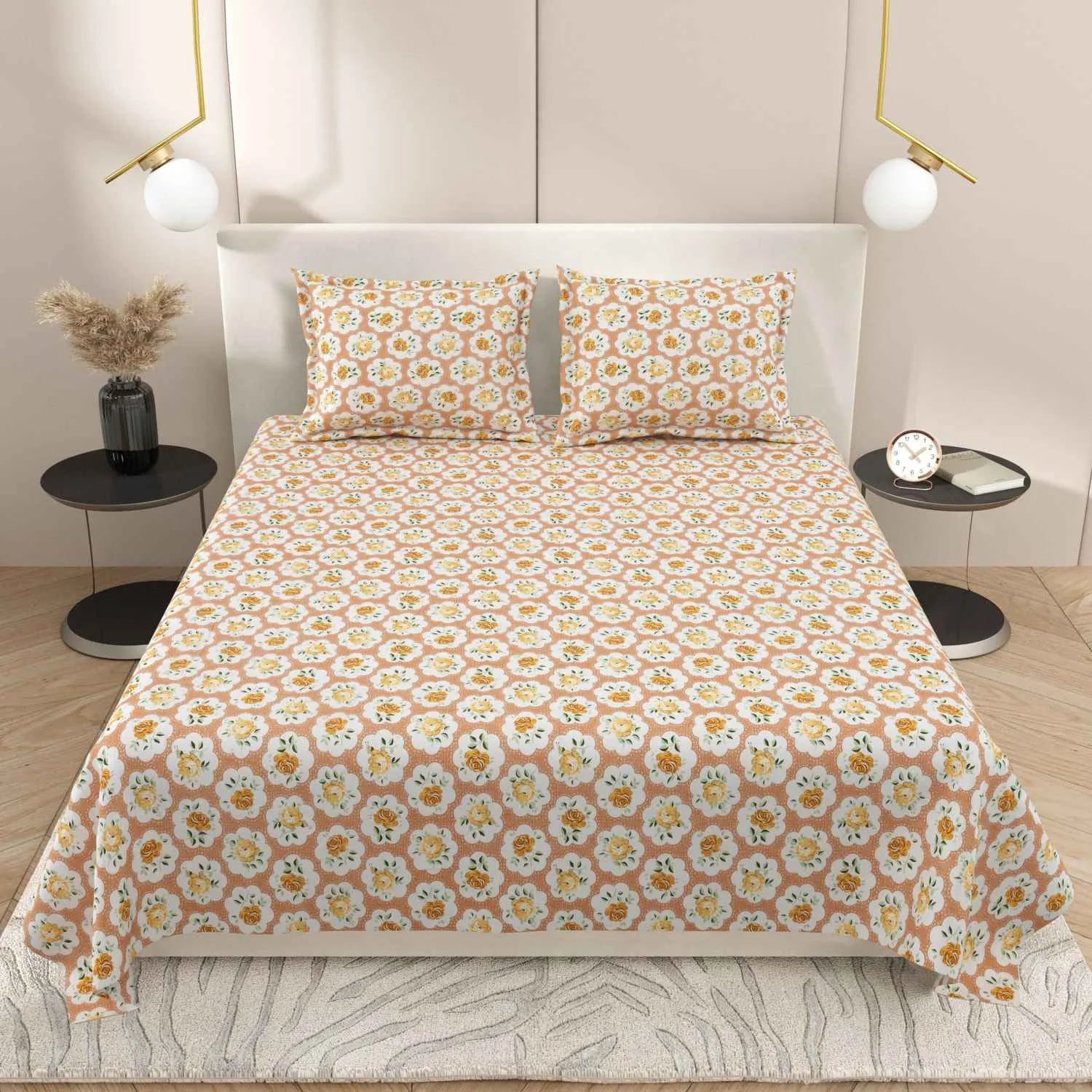Dream Weaverz Cotton Super King Flat 220 TC Abstract 1 Bedsheet with 2 Pillow Covers (Peach-Yellow)