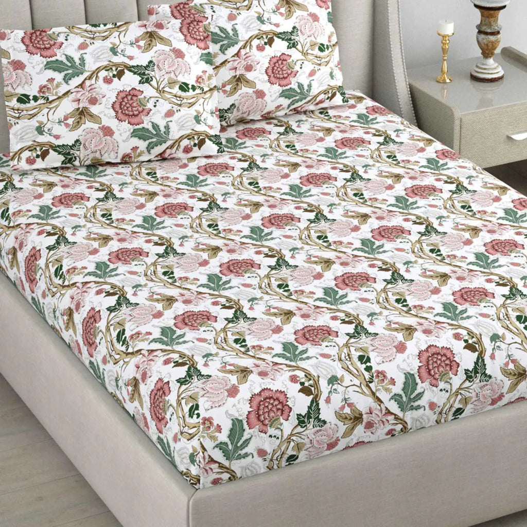 Dream Weaverz Cotton Queen Flat 220 TC Floral 1 Bedsheet with 2 Pillow Covers (White)