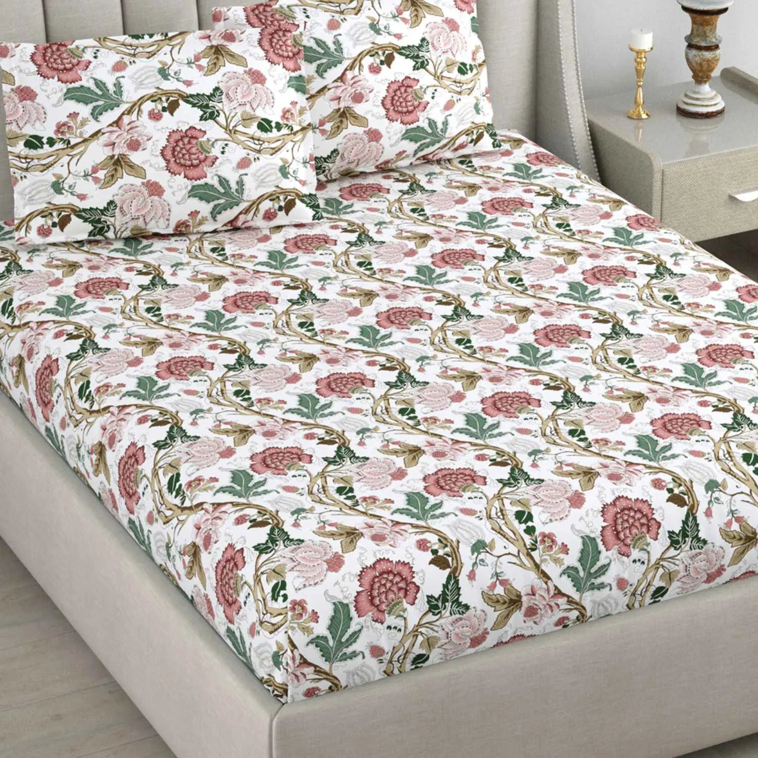 Dream Weaverz Cotton Queen Flat 220 TC Floral 1 Bedsheet with 2 Pillow Covers (White)