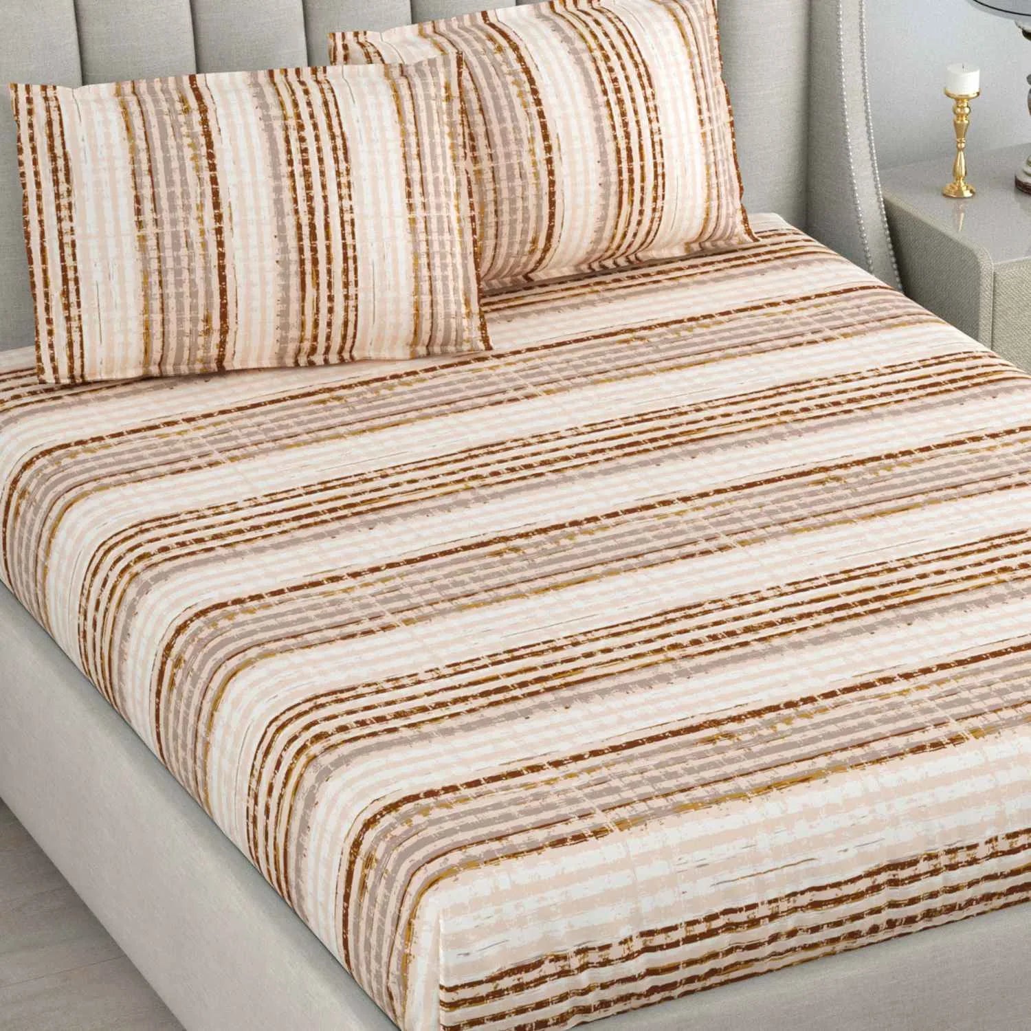 Dream Weaverz Cotton Queen Flat 220 TC Striped 1 Bedsheet with 2 Pillow Covers (Beige)