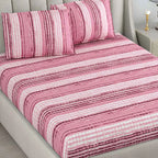 Dream Weaverz Cotton Queen Flat 220 TC Striped 1 Bedsheet with 2 Pillow Covers (Pink)