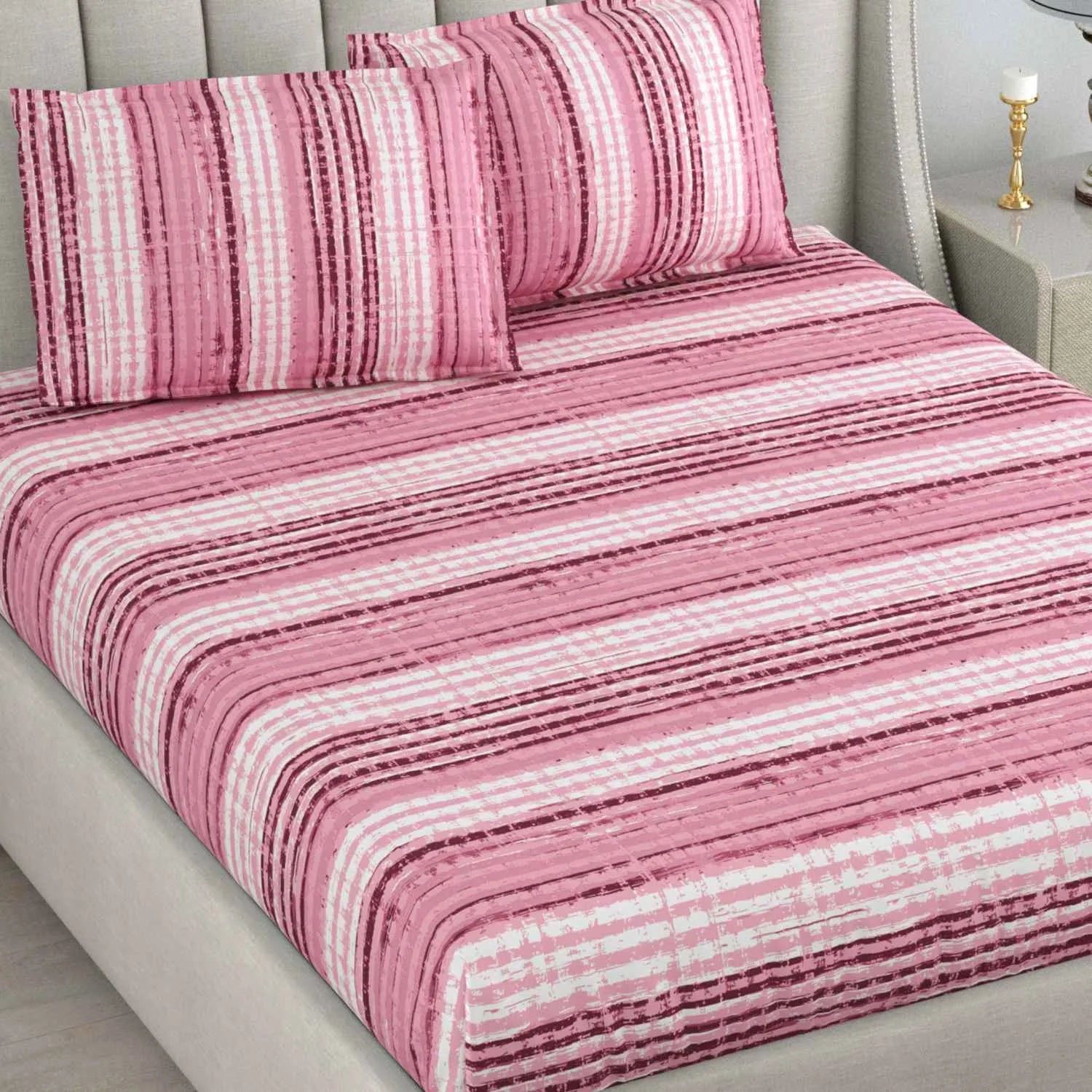 Dream Weaverz Cotton Queen Flat 220 TC Striped 1 Bedsheet with 2 Pillow Covers (Pink)