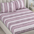 Dream Weaverz Cotton Queen Flat 220 TC Striped 1 Bedsheet with 2 Pillow Covers (Purple, White)