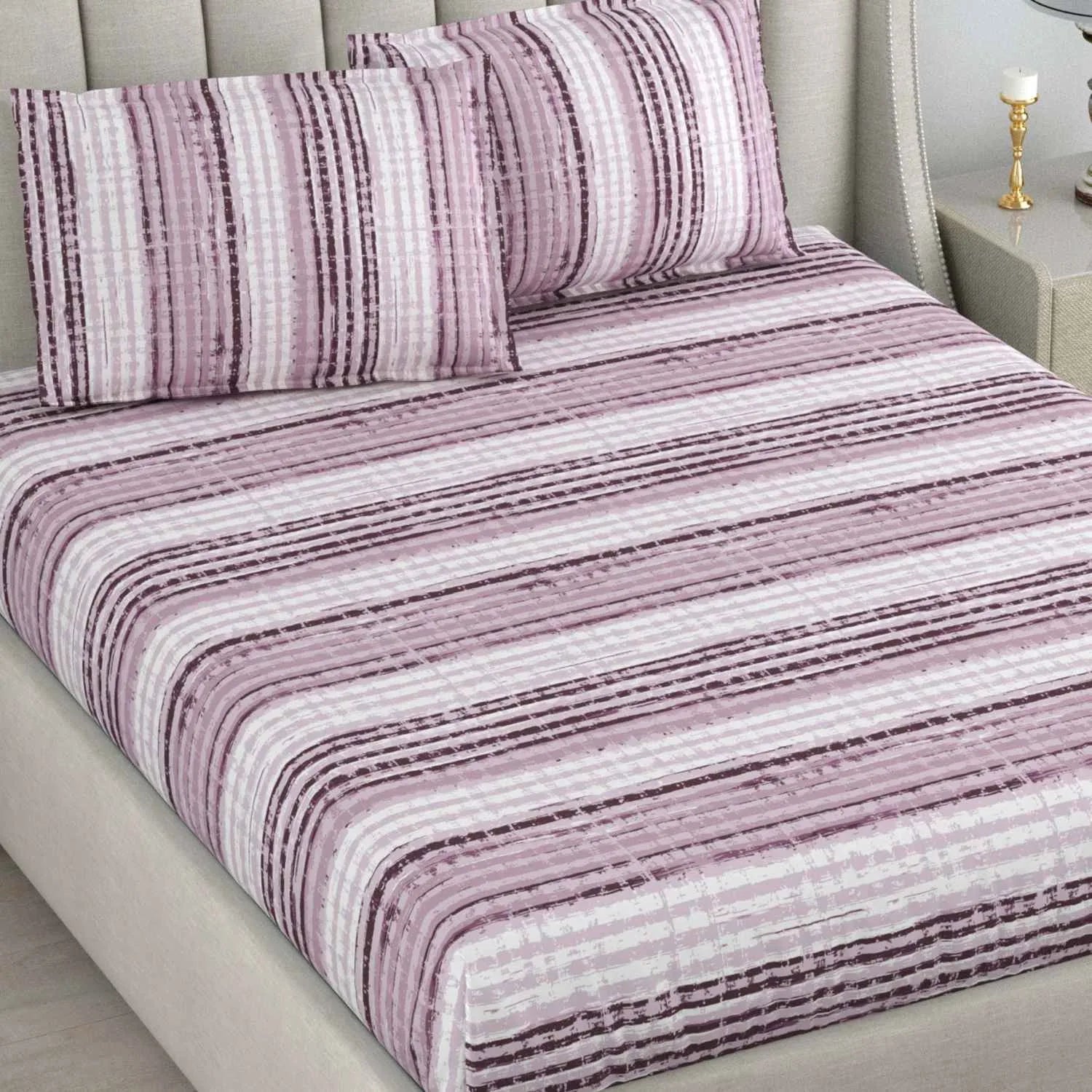 Dream Weaverz Cotton Queen Flat 220 TC Striped 1 Bedsheet with 2 Pillow Covers (Purple, White)