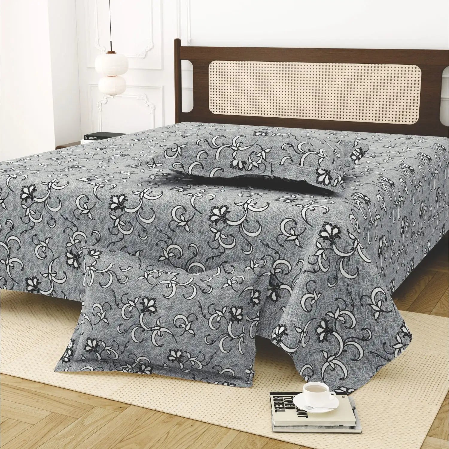 Dream Weaverz Cotton King Flat 220 TC Abstract 1 Bedsheet with 2 Pillow Covers (Grey)