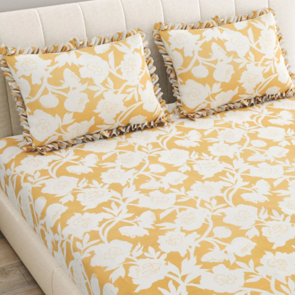 Dream Weaverz Home Polycotton King Fitted (Elastic) 260 TC Floral 1 Bedsheet (Yellow)